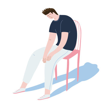 Vector illustration in a flat style on an isolated background, a sad man sits on a chair. The idea of ​​psychology, depression, negative emotions.