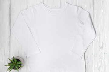 White long sleeve tshirt mockup with succulents on wooden table background. Template, flat lay