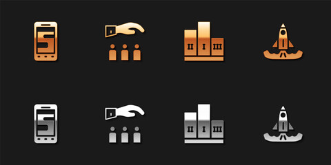 Set Chat messages on phone, Boss with employee, Award over winner podium and Rocket icon. Vector.