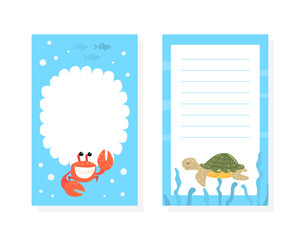 Notebook, Diary, Stationery Organizer, Stickers Set with Funny Marine Creature Characters Cartoon Vector Illustration