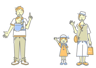 楽しそうに旅行する4人家族のシンプルでおしゃれな線画イラスト素材 三色 肌色あり Wall Mural Fumipokkur