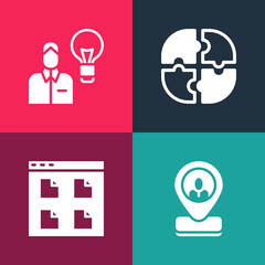 Set pop art Worker location, Browser files, Piece of puzzle and Human with lamp bulb icon. Vector.