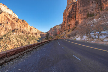 Beautiful scenery, views of an incredibly scenic road surrounded by rocks and mountains in Zion National Park, Utah, USA.