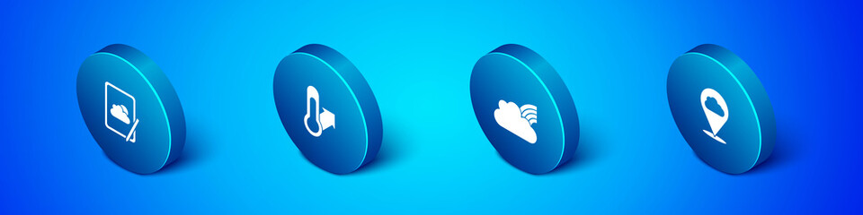 Set Isometric Weather forecast, Rainbow with clouds, Location and Meteorology thermometer icon. Vector.