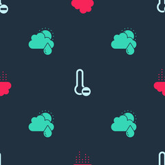 Set Cloud with rain, Meteorology thermometer and and sun on seamless pattern. Vector.