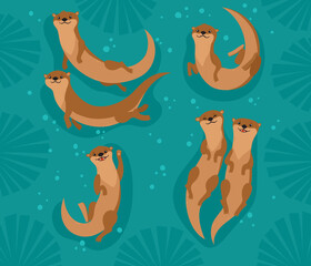 Vector set with cartoon brown otters, seaweed and bubbles - 417802482