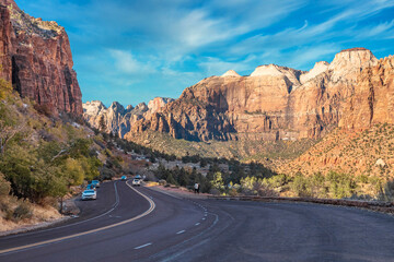 Beautiful scenery, views of an incredibly scenic road surrounded by rocks and mountains in Zion National Park, Utah, USA.