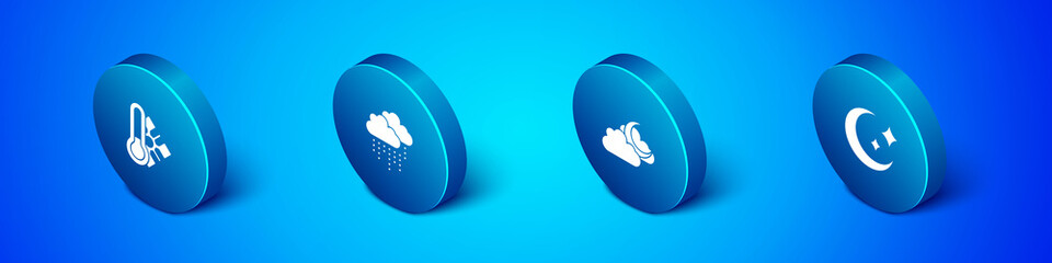 Set Isometric Meteorology thermometer, Cloud with moon, Moon and stars and rain icon. Vector.