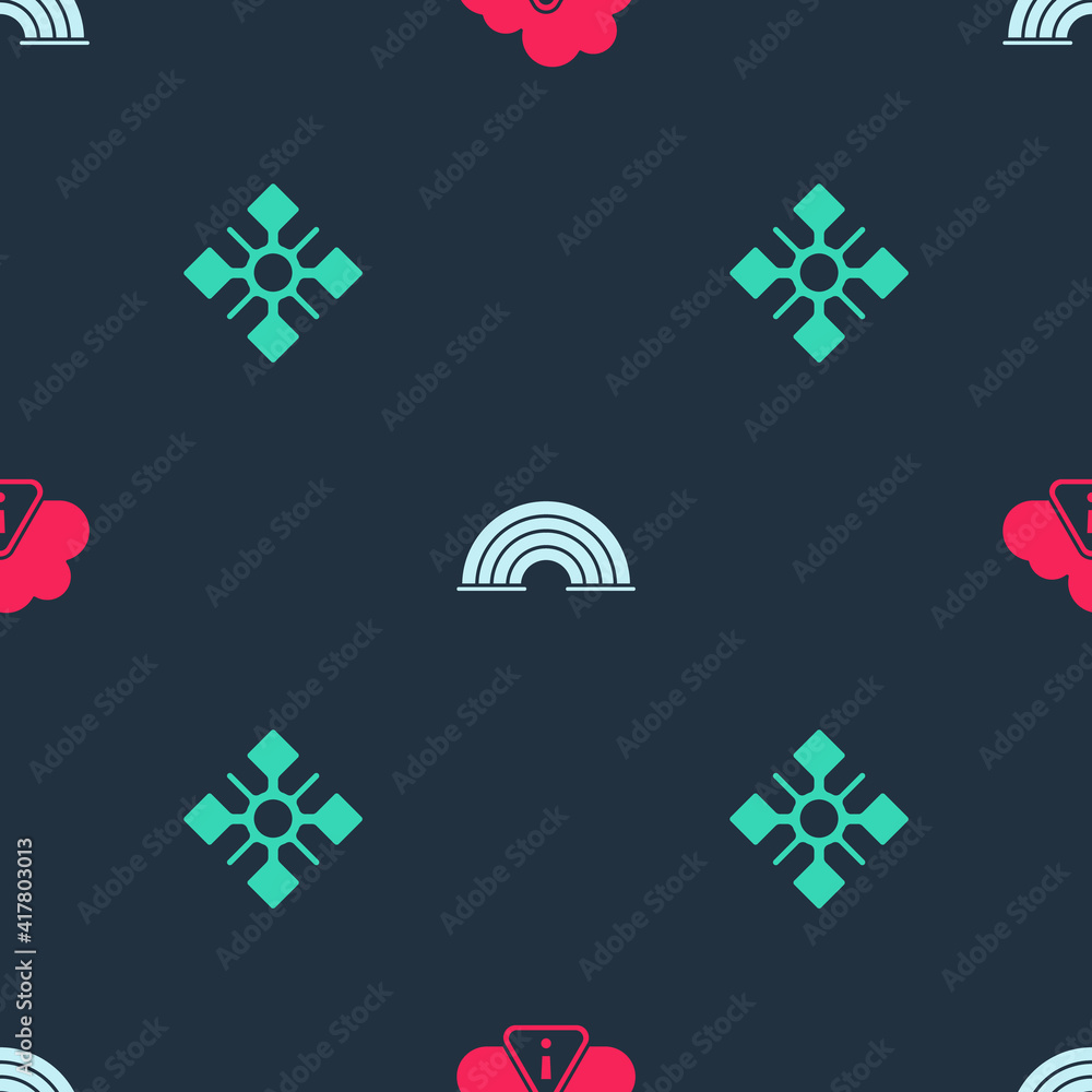 Poster set storm warning, rainbow and snowflake on seamless pattern. vector.