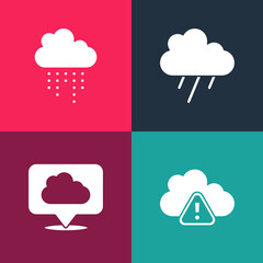 Set pop art Storm warning, Location cloud, Cloud with rain and icon. Vector.