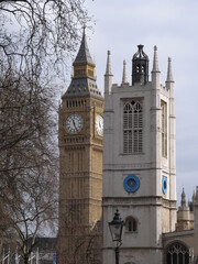 London, United Kingdom - March 25 2005: Westminster palace with the tower bell called Big Ben, in a sunny day.