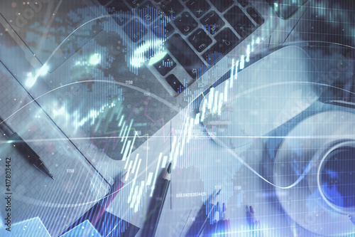 Fototapete Double Exposure Of Financial Chart Drawing Over Table Background With Computer Concept Of Research And Analysis Top View Peshkova