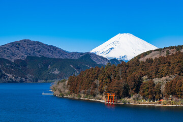 芦ノ湖と富士山　冬景