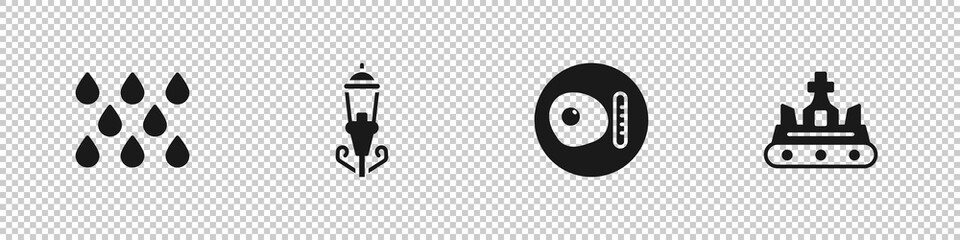 Set Water drop, Vintage street light, British breakfast and crown icon. Vector.