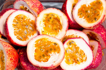 Passion fruit on wooden white background