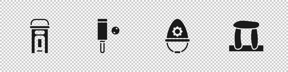 Set London phone booth, Wood cricket bat and ball, British police helmet and Stonehenge icon. Vector.
