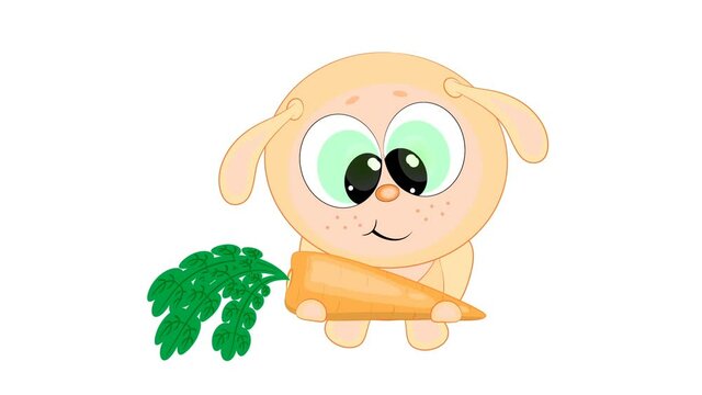 Rabbit with carrot. Rabbit offers a carrot. Cartoon animation on a white and transparent background.