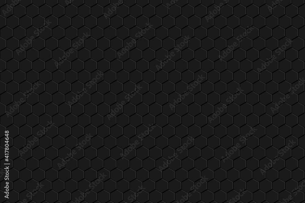 Sticker Carbon fiber black hexagon texture. Metal grid black steel background. Dark carbon texture.