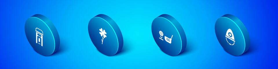 Set Isometric London phone booth, Golf club with ball tee, British police helmet and Four leaf clover icon. Vector.