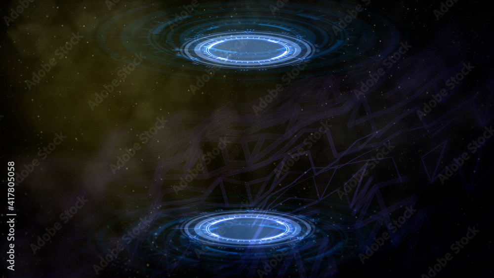 Poster multi colored hi-tech background of two hud or ui circles, fashion teleport concept - abstract 3d re