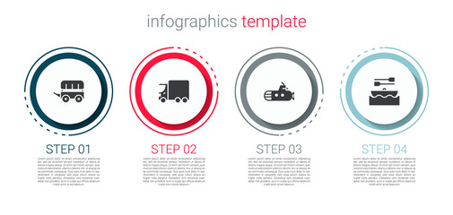 Set Wild west covered wagon, Delivery cargo truck, Submarine and Boat with oars. Business infographic template. Vector.
