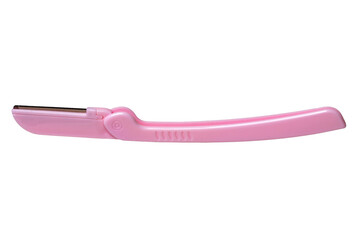 Cosmetic tools. Close-up of a pink eyebrow razor isolated on a white background. Beauty concept. Macro.