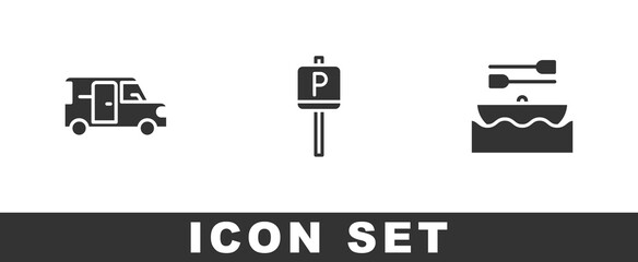 Set Minibus, Parking and Boat with oars icon. Vector.