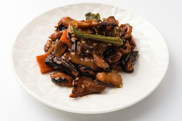 Stir-fried octopus on white background