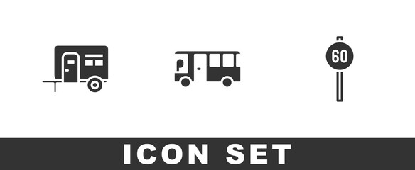 Set Rv Camping trailer, Bus and Speed limit traffic icon. Vector.