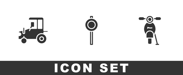 Set Tractor, Road traffic signpost and Scooter icon. Vector.