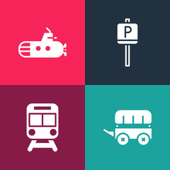 Set pop art Wild west covered wagon, Train and railway, Parking and Submarine icon. Vector.