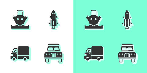 Set Car, Cargo ship, Delivery cargo truck and Rocket with fire icon. Vector.