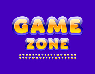 Vector bright sign Game Zone. Glossy Yellow and Purple Font. Creative Alphabet Letters and Numbers set