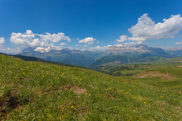 Magnificent summer dolomite panorama of Marmolada and Sella Massif, Dolomites, Italy