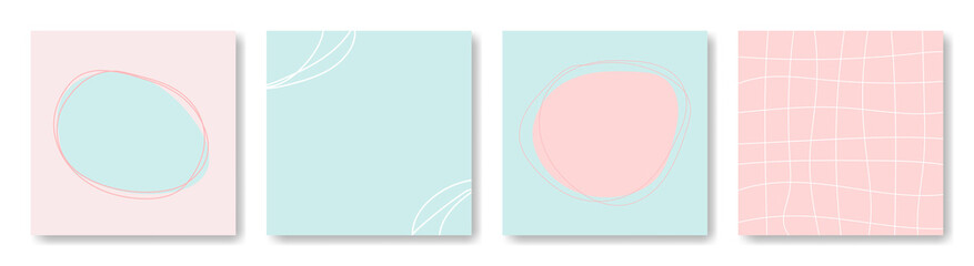 Set of square backgrounds for social media posting. Backdrops in pastel colors. Cell, lines, abstract shapes. Copy space