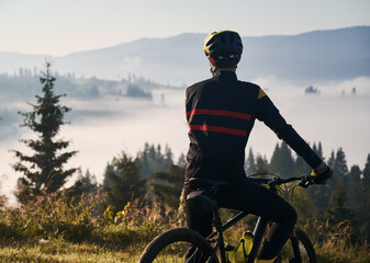 Back view of man in cycling suit standing with bicycle on the hill. Male bicyclist in safety helmet...