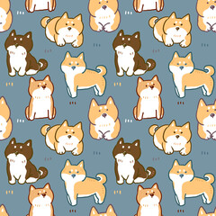 Seamless Pattern with Cartoon Shiba Inu Dog Illustration Design on Deep Blue Background
