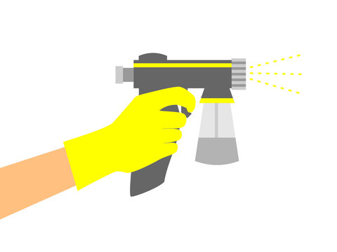 Hand In A Yellow Glove Holds A Gray Spray Tan Machine. Vector Illustration Of Auto Tanning Procedure