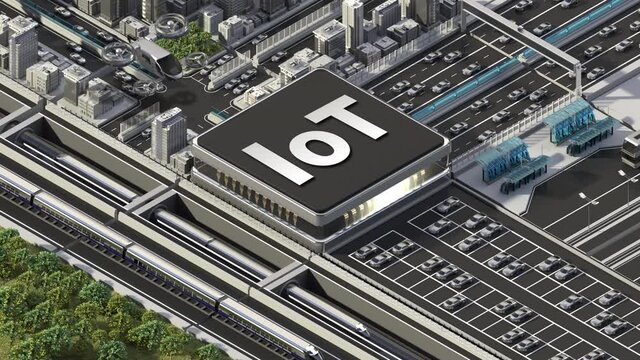 Traffic in a city controlled by 'IoT, Smart city concept with an AI cpu chip in the center. 4k animation.