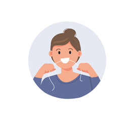 Woman brushing teeth with dental floss. Dentistry and hygiene. Flat vector illustration.
