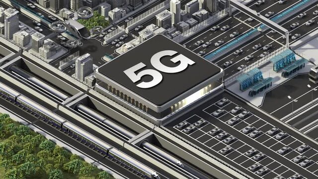 Traffic in a city controlled by '5G', Smart city concept with an AI cpu chip in the center. 4k animation.