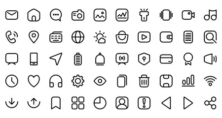 User interface icon set with line style, including home screen application like message, phone, camera, pin location, complete 50 icons for UI UX design.
