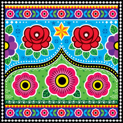 Pakistani and Indian truck art vector design with roses, star flowers, Diwali colorful pattern