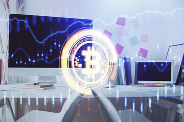 Double exposure of crypto technology theme drawing and office interior background. Concept of...