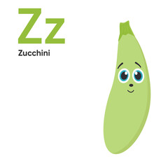 Cute Vegetables and Fruit Alphabet Series A-Z. Vector ABC. Letter Zz. Zucchini. Cartoon fruits and vegetables alphabet for kids. Isolated vector icons Education, baby shower children prints, card