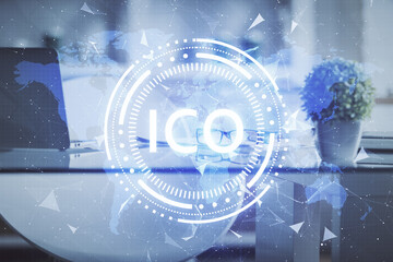 Double exposure of crypto technology theme drawing and office interior background. Concept of...