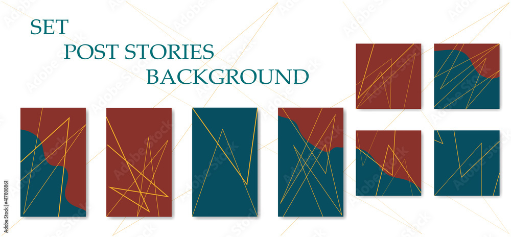 Poster set of graphic abstract backgrounds for social media posts and stories. gold lines on muted colors. 