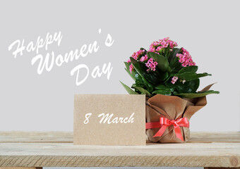 The kolkhoye flower in craft paper with craft card on gray background and with the text congratulations on women's day