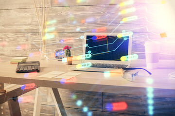 Multi exposure of data theme drawing and office interior background. Concept of technology.