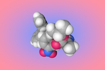 Molecular model of azelnidipine. Atoms are represented as spheres with color coding: carbon (grey), nitrogen (blue), oxygen (red), hydrogen (white). 3d illustration
